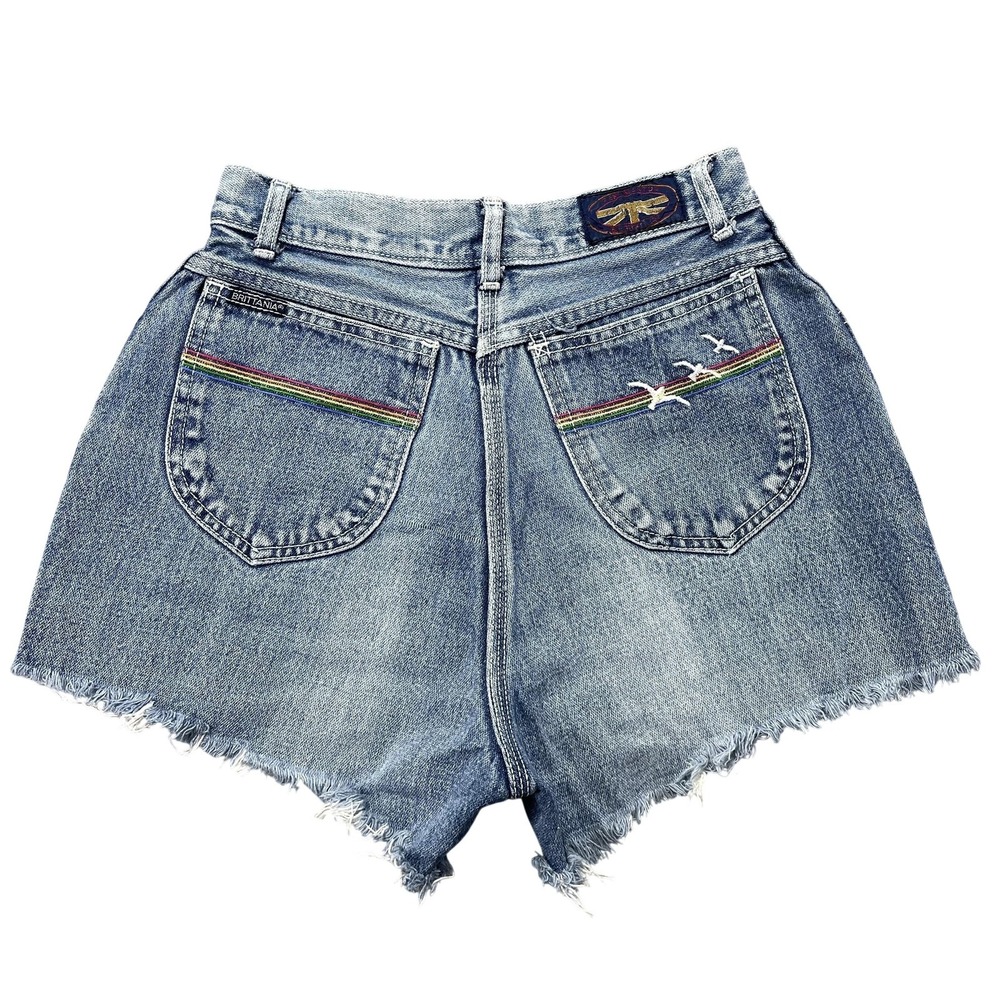 Vintage Brittania Shorts Womens 23" Blue Denim Cutoff Rainbow Pocket 2.5" Inseam